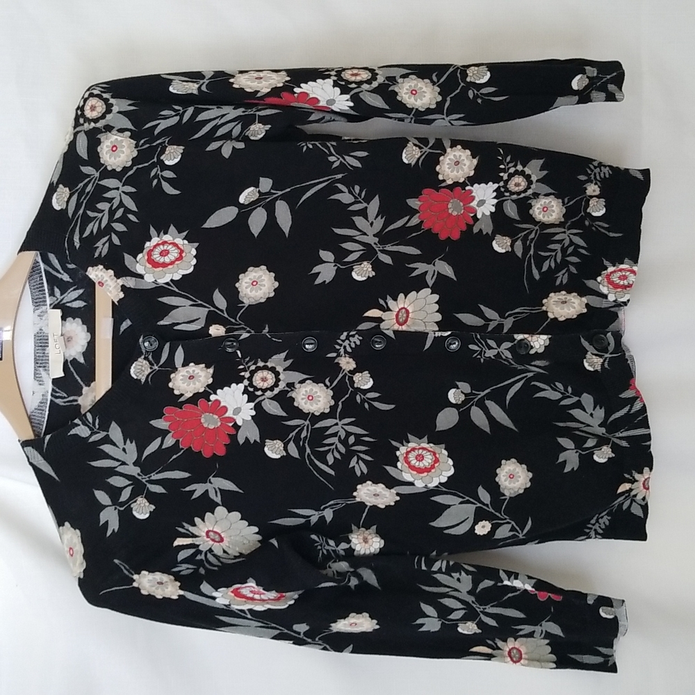 ANN TAYLOR LOFT CREWNECK BLACK CARDIGAN FORAL RED GRAY LIGHTWEIGHT 100% COTTON M